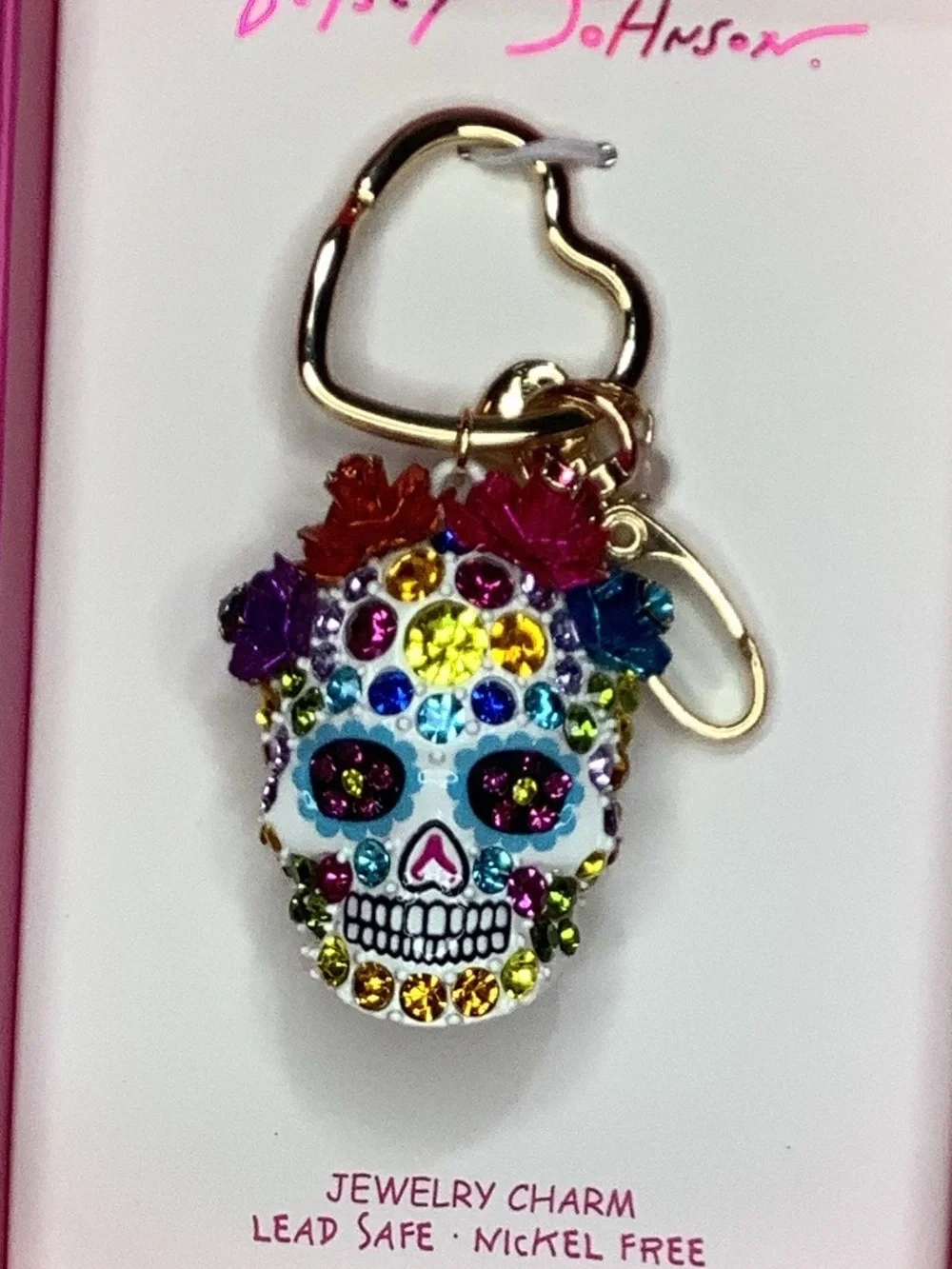 Betsey Johnson Sugar Skull Jeweled Bag Charm Keychain New